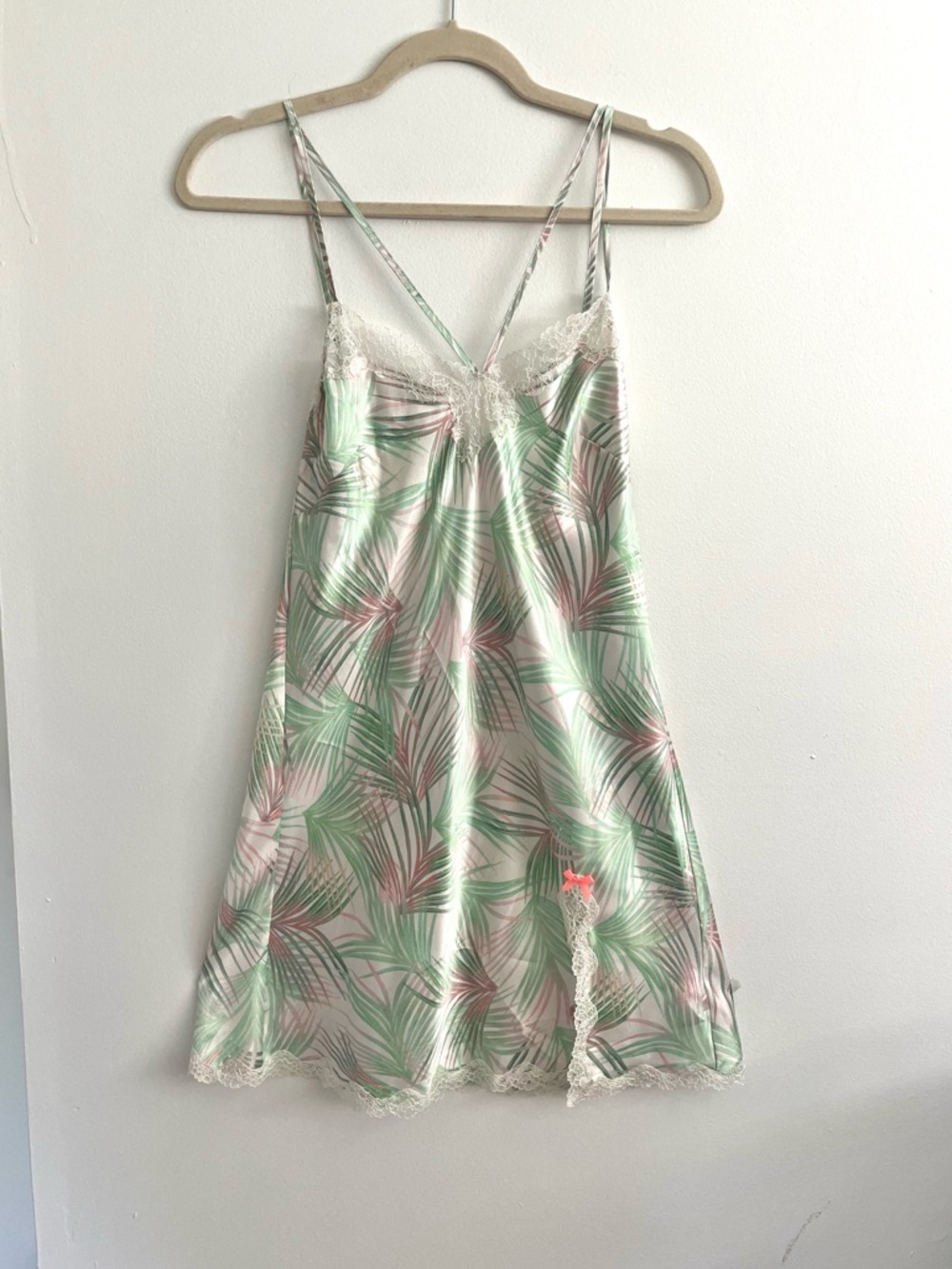 Victoria's Secret Tropical Palm Leaf Print Lace-Trim Chemise Slip Green & Pink